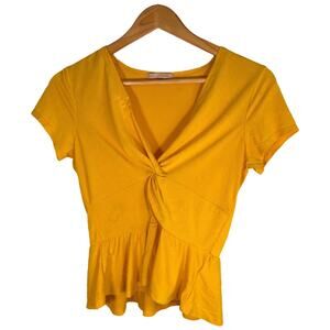 Y2K twist front peplum blouse – yellow ruffle hem M